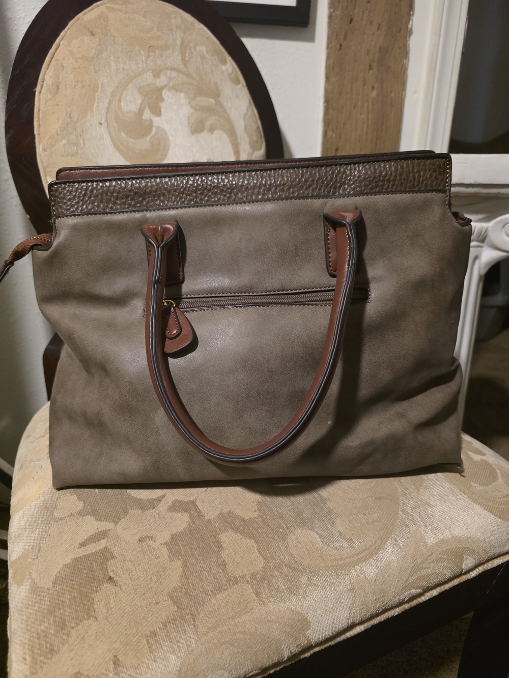 Women's Taupe Shoulder Bag with Brown Trim